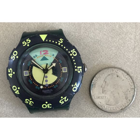 Vintage 80s 90s Swatch Navy Blue Multicolor Swiss Wristwatch Face Watch NO BAND